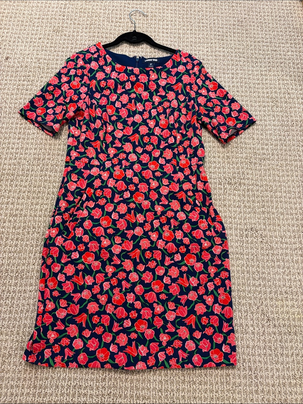 Lands' End Navy Dress with Red Floral Pattern